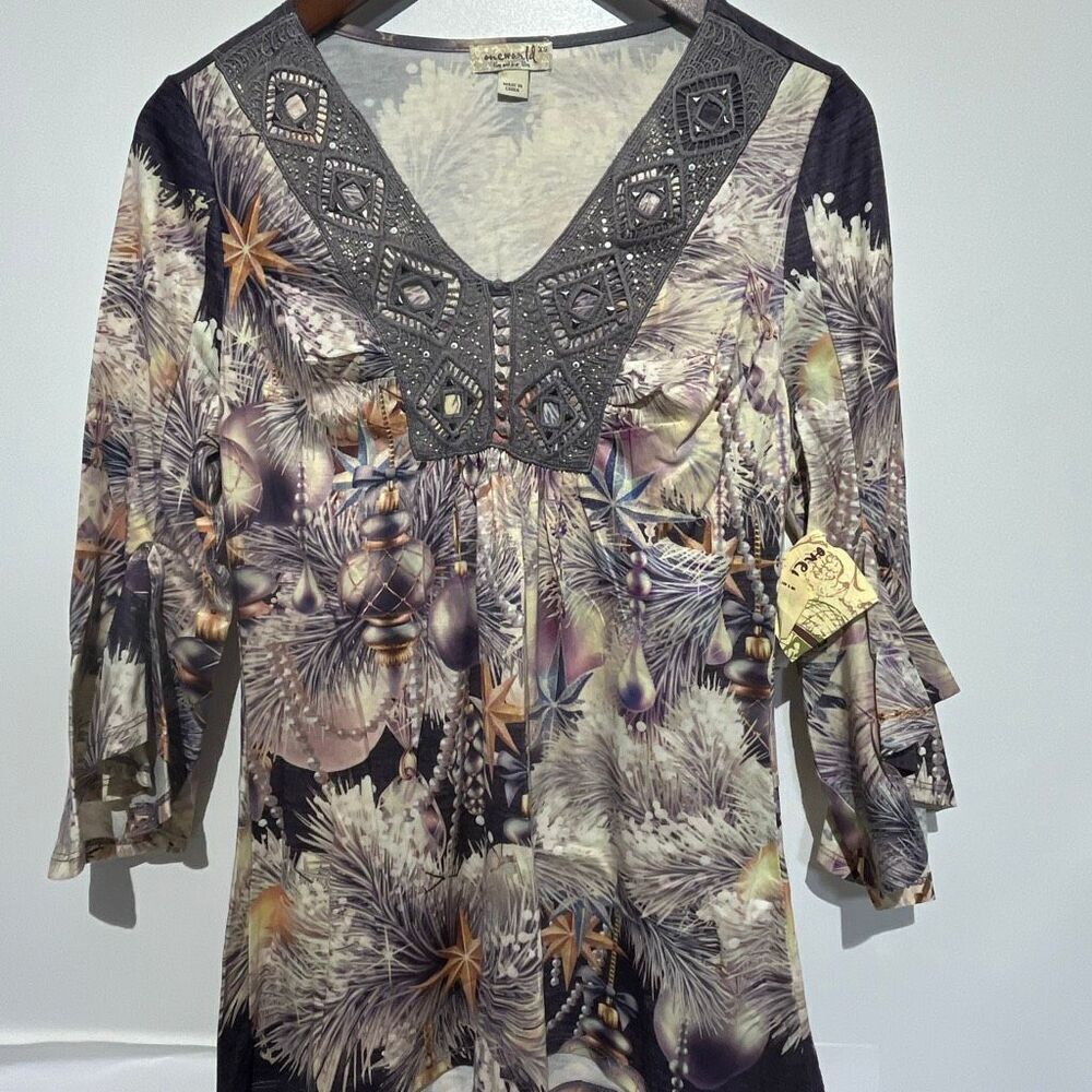One World Live and Let Live Womens Crochet Silver Sequence Top Multicolor XS NWT
